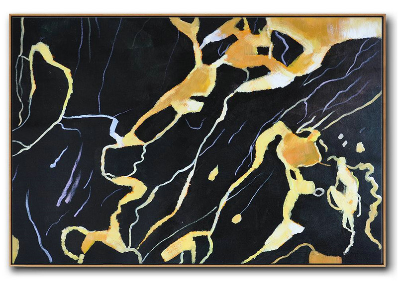Hand Made Abstract Art,Hand Painted Oversized Horizontal Abstract Marble Art On Canvas,Acrylic Painting On Canvas,Earthy Yellow ,Black,White.etc